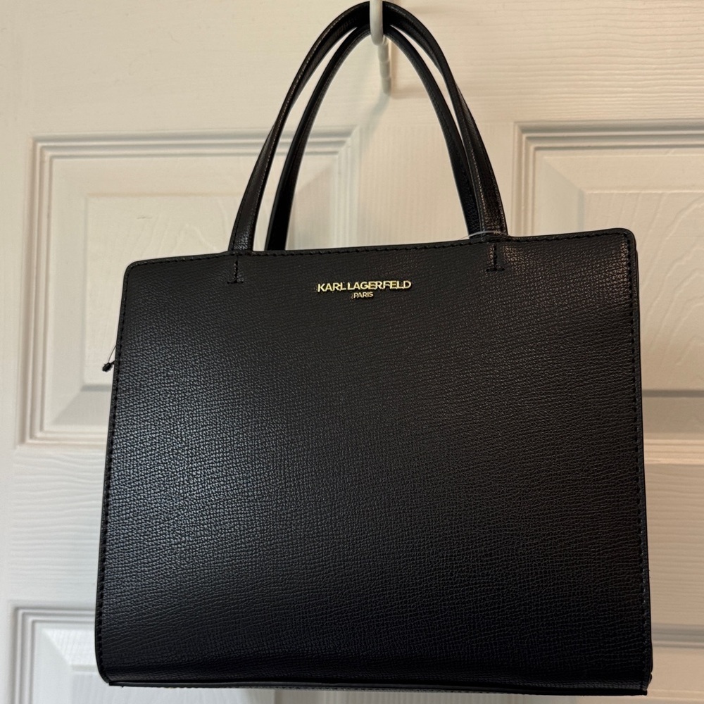Karl Lagerfeld Black Maybelle Tote Bag With Crossbody Guitar Strap and Dust Bag